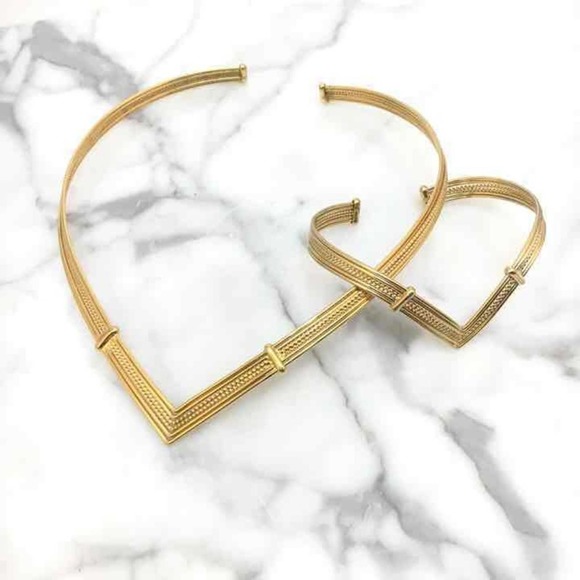 Gold Tone Rigid Torque Necklace & Bracelet Set - Picture 3 of 5